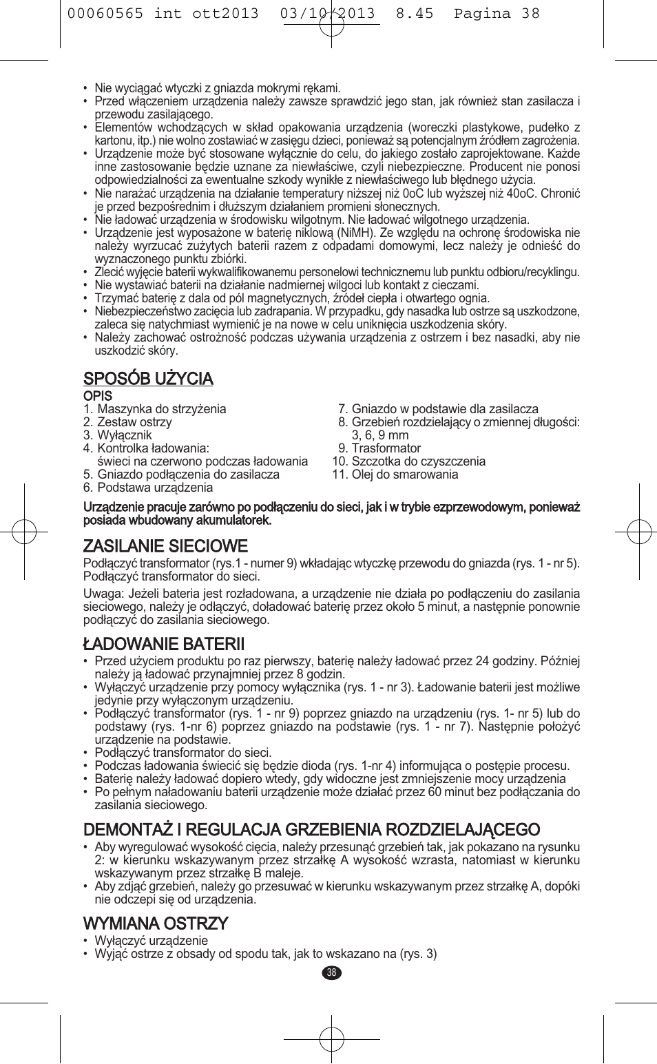 Sposób użycia, Zasilanie sieciowe, Ładowanie baterii | Demontaż i regulacja grzebienia rozdzielającego, Wymiana ostrzy | VALERA ABSOLUT User Manual | Page 36 / 66