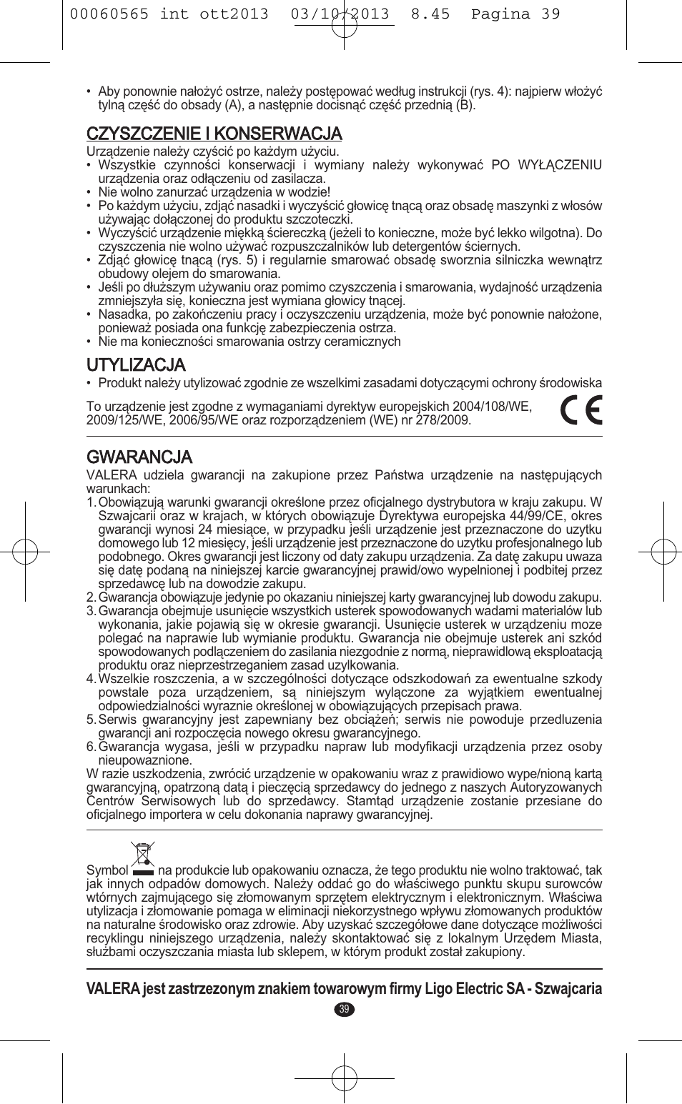 Czyszczenie i konserwacja, Utylizacja, Gwarancja | VALERA ABSOLUT User Manual | Page 37 / 66