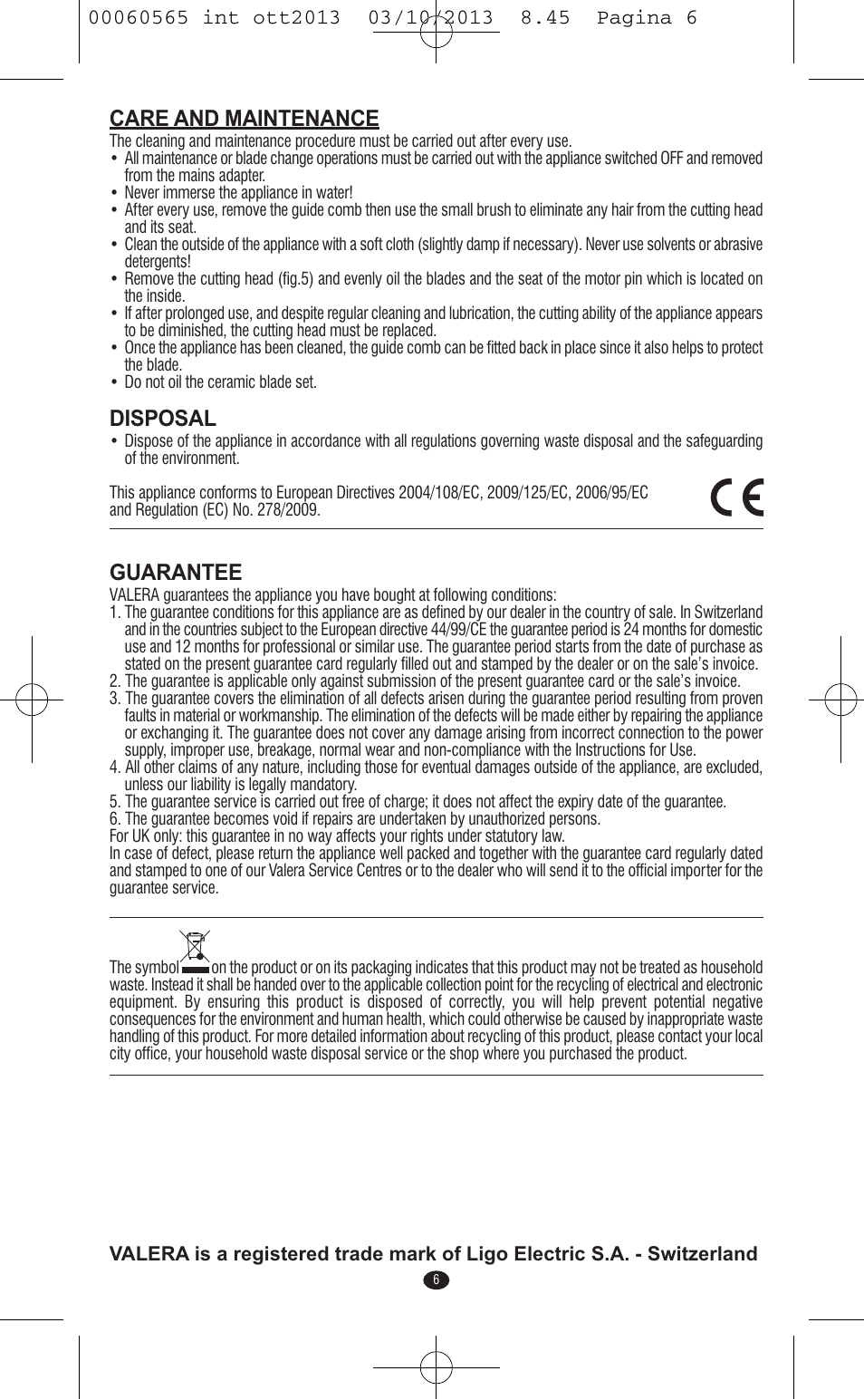 Care and maintenance, Disposal, Guarantee | VALERA ABSOLUT User Manual | Page 4 / 66