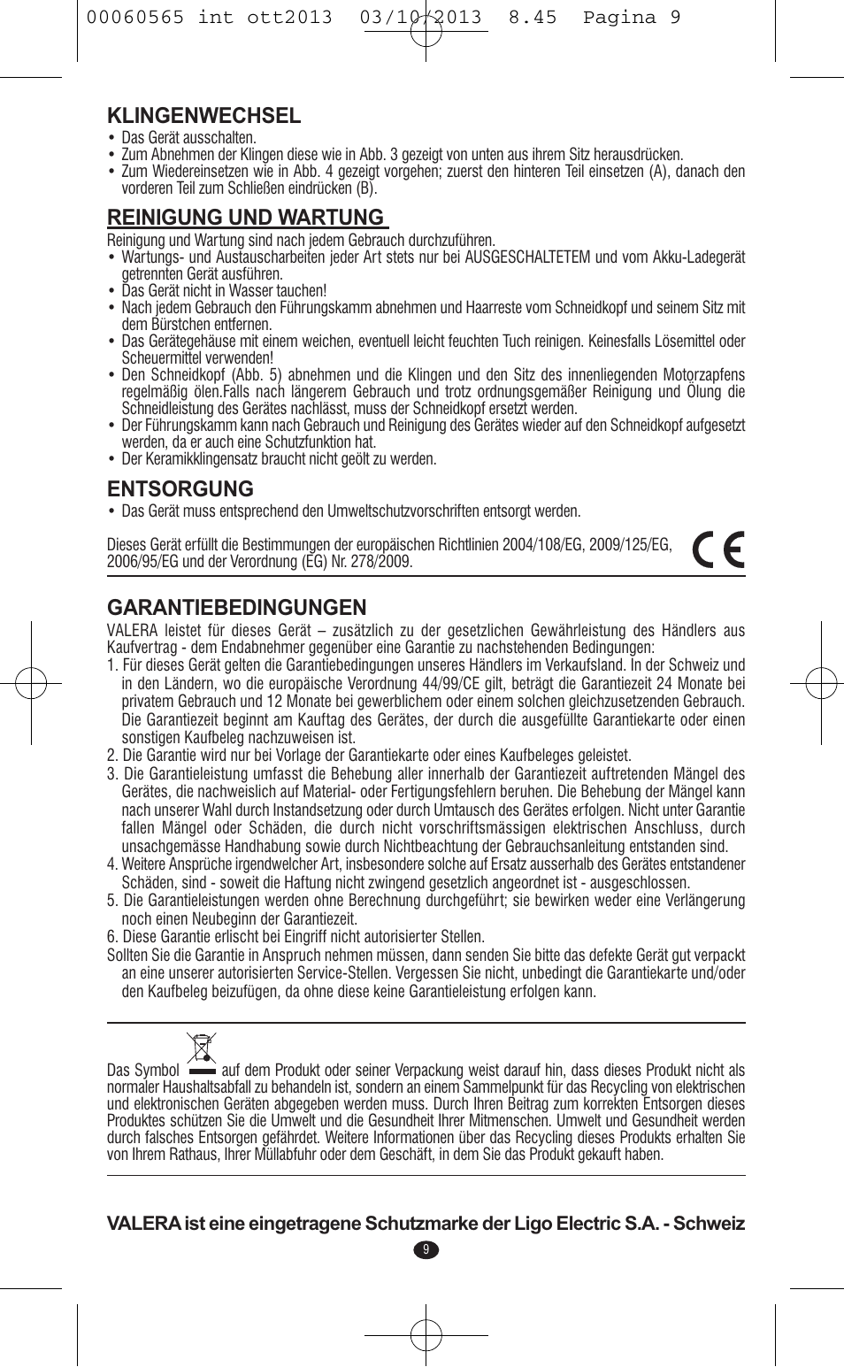 Klingenwechsel, Reinigung und wartung, Entsorgung | Garantiebedingungen | VALERA ABSOLUT User Manual | Page 7 / 66