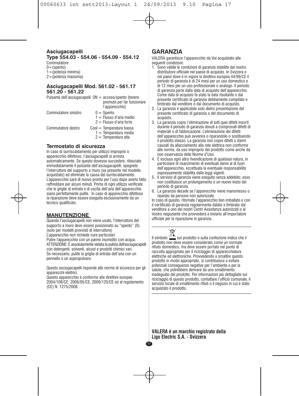 Garanzia | VALERA EXECUTIVE 1200 User Manual | Page 13 / 42