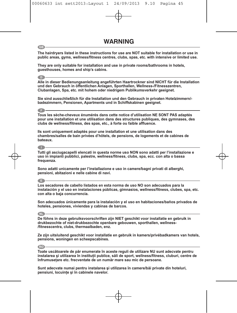 Warning | VALERA EXECUTIVE 1200 User Manual | Page 41 / 42