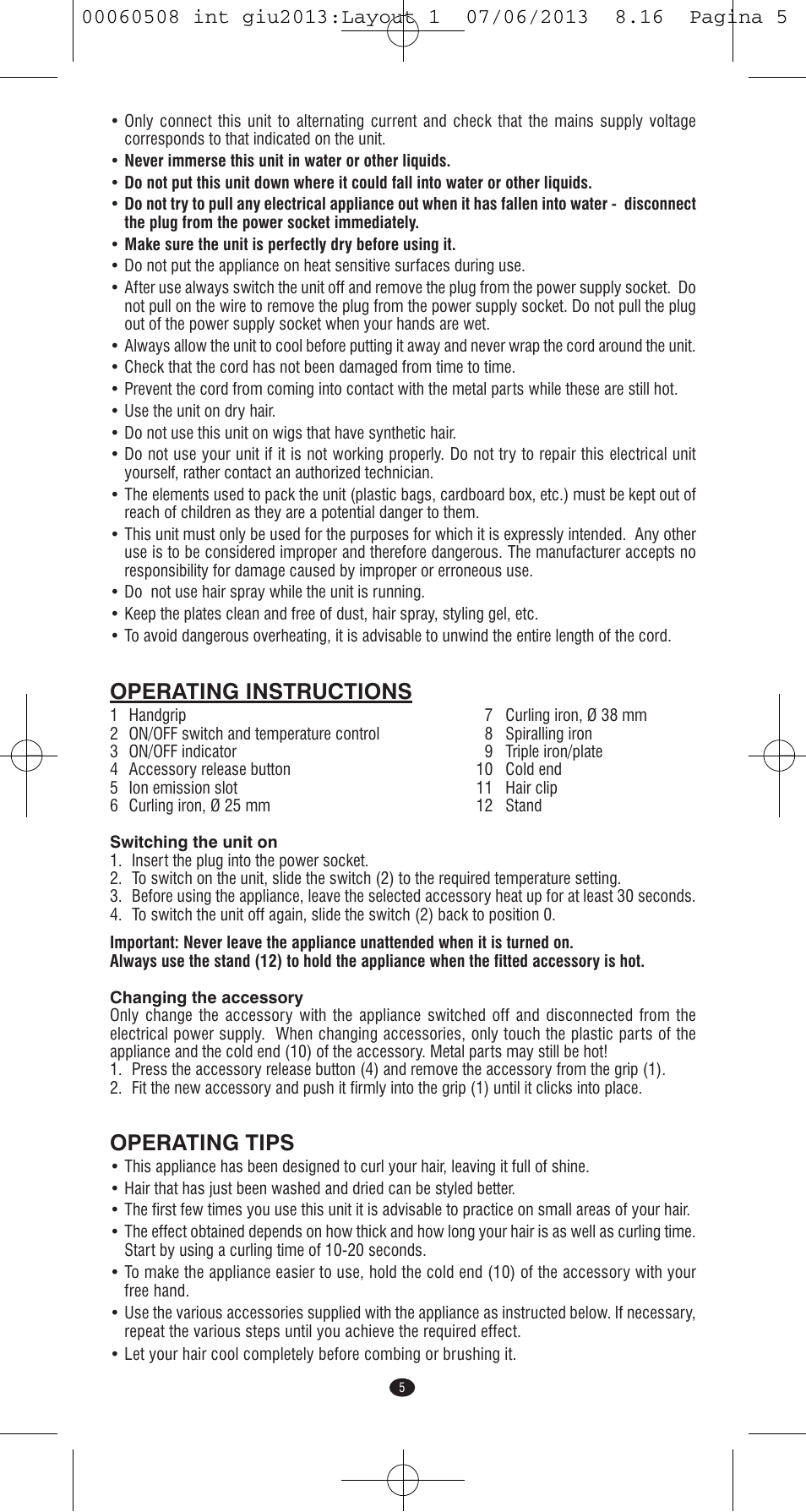 Operating instructions, Operating tips | VALERA IONIC MULTISTYLE PROFESSIONAL User Manual | Page 3 / 98