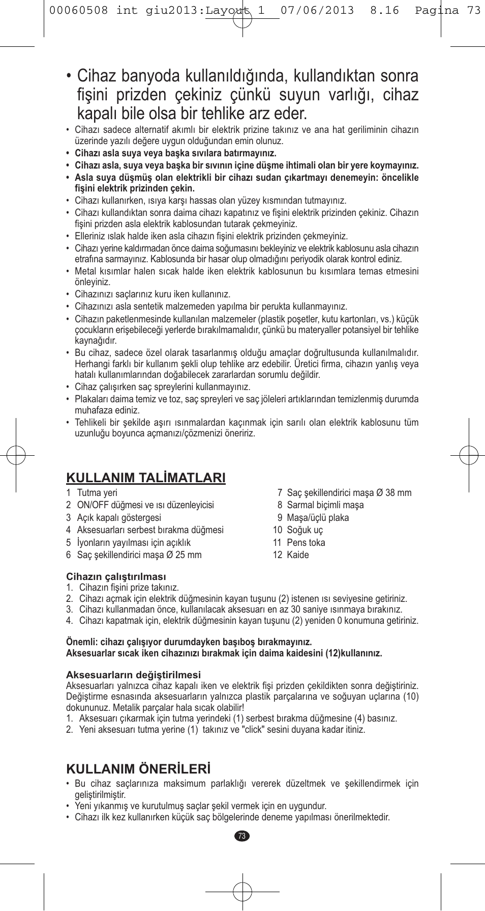 Kullanim talimatlari, Kullanim önerileri | VALERA IONIC MULTISTYLE PROFESSIONAL User Manual | Page 71 / 98