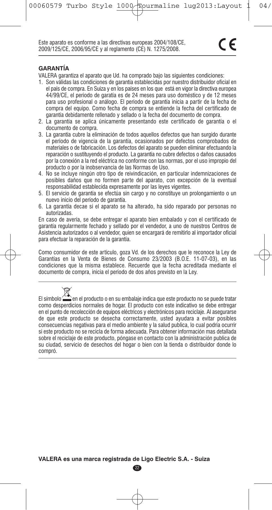 VALERA TURBO STYLE 1000 TOURMALINE User Manual | Page 22 / 80