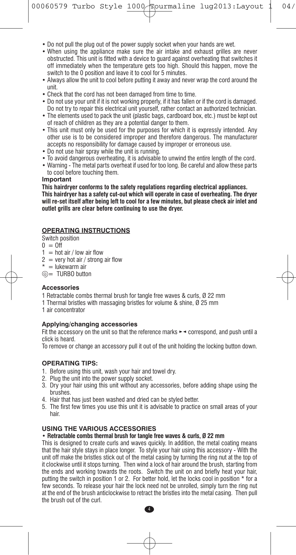 VALERA TURBO STYLE 1000 TOURMALINE User Manual | Page 4 / 80