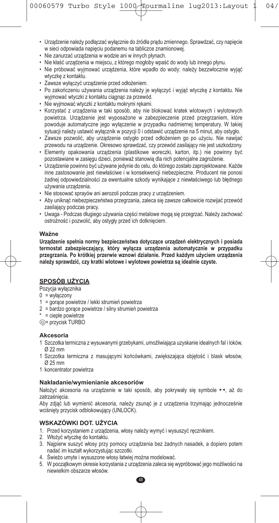 VALERA TURBO STYLE 1000 TOURMALINE User Manual | Page 48 / 80