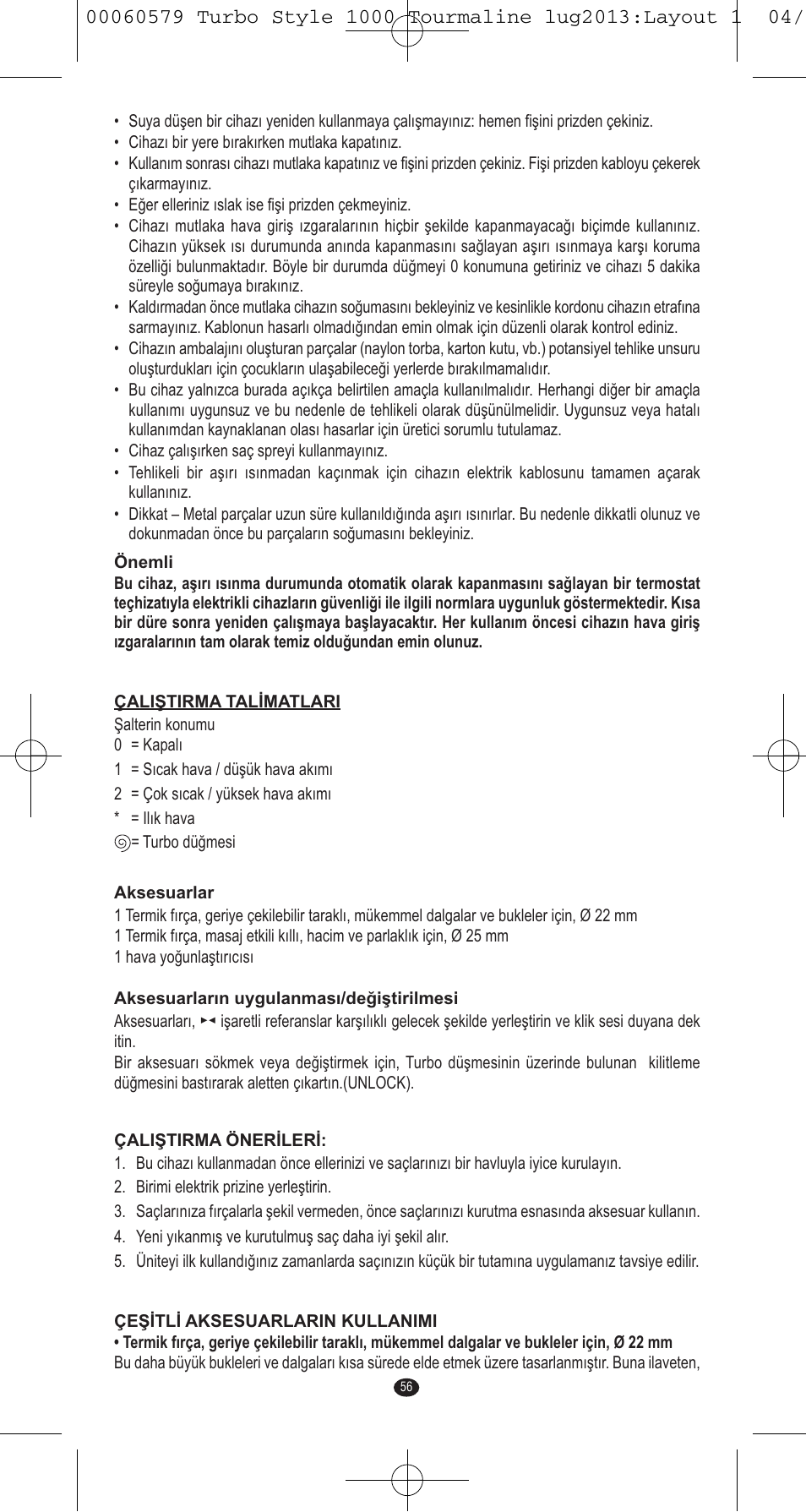VALERA TURBO STYLE 1000 TOURMALINE User Manual | Page 56 / 80