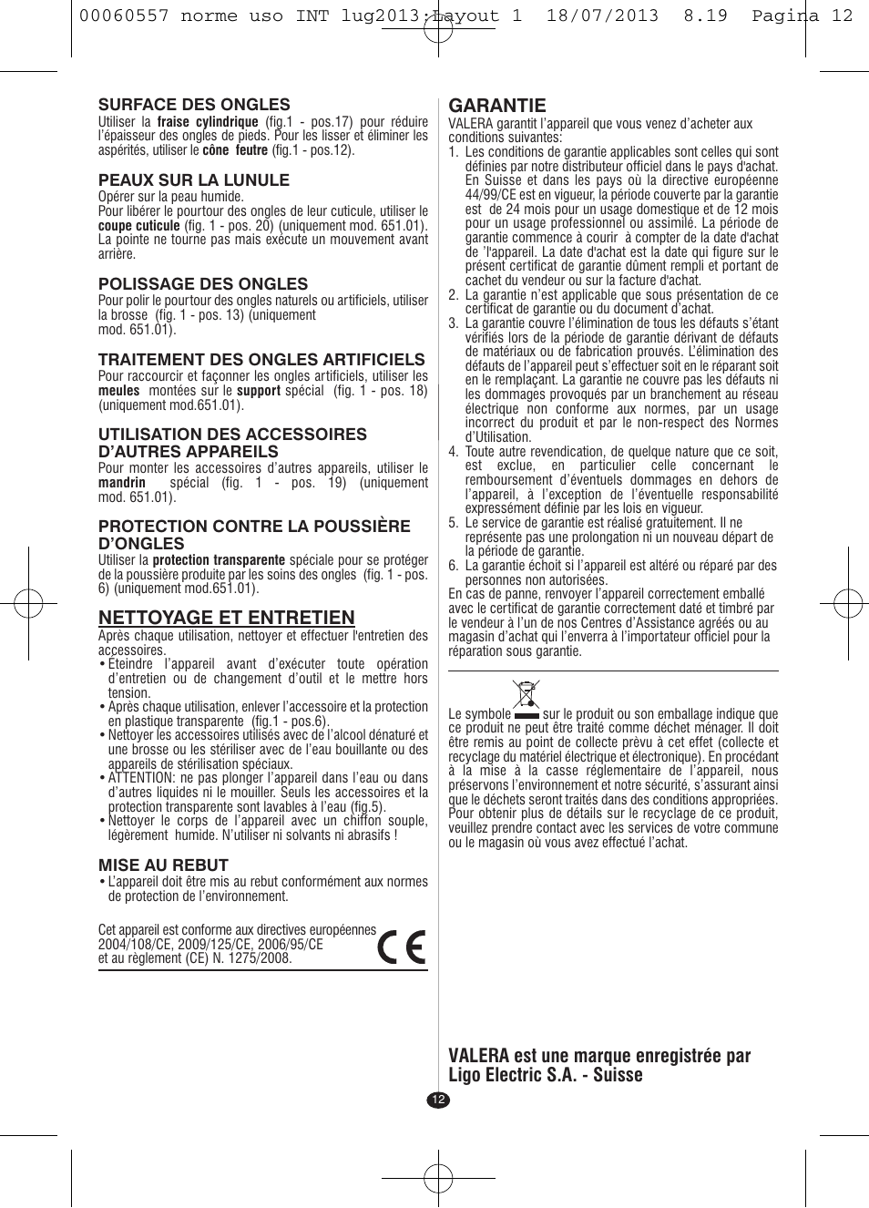 Nettoyage et entretien, Garantie | VALERA MANISWISS CORDLESS User Manual | Page 11 / 66