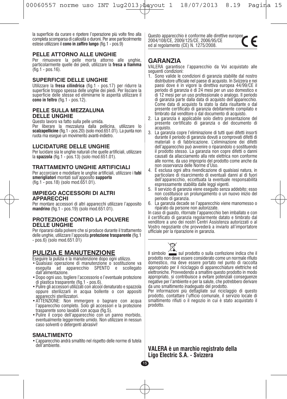 Pulizia e manutenzione, Garanzia | VALERA MANISWISS CORDLESS User Manual | Page 14 / 66