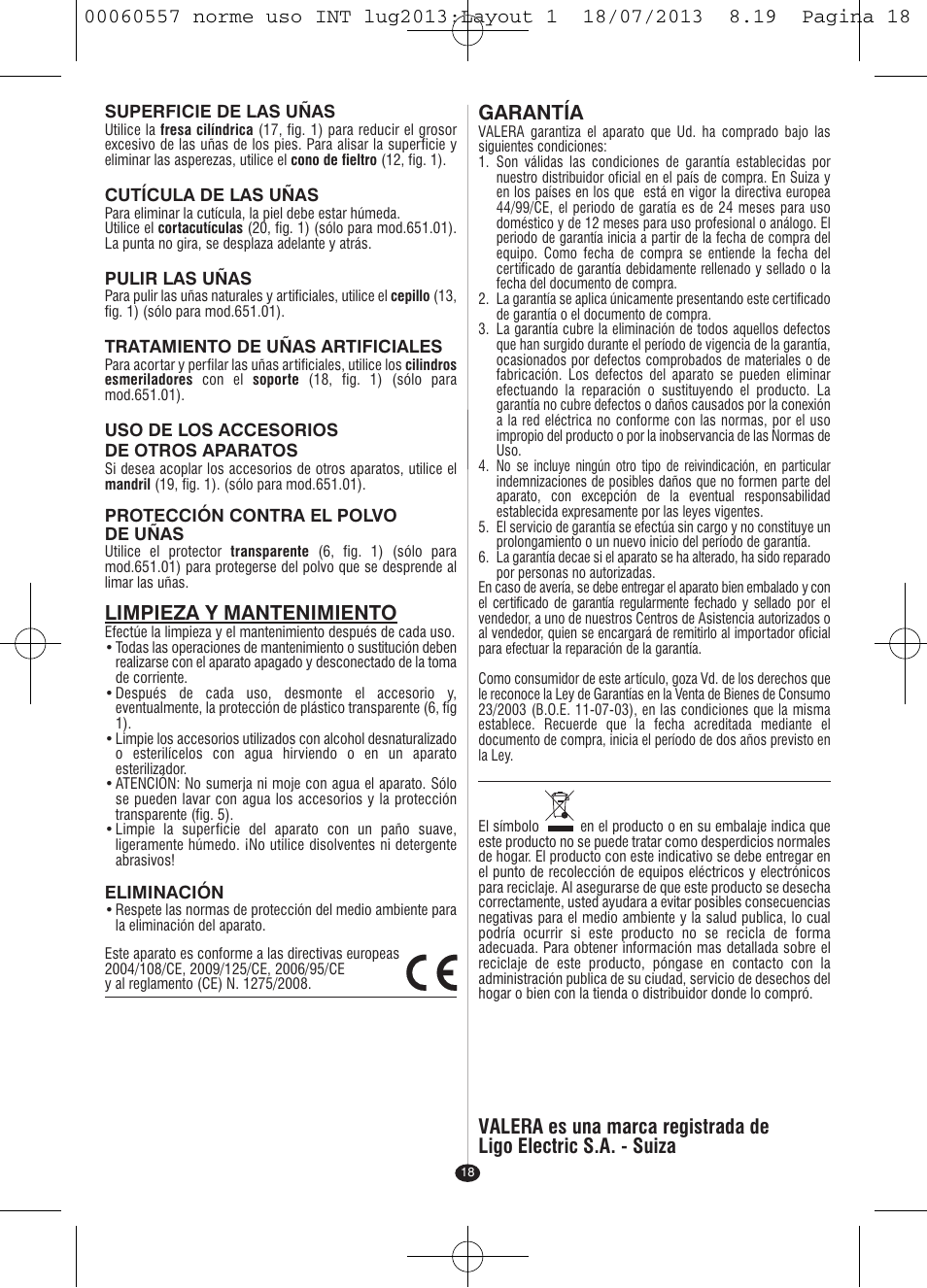 Limpieza y mantenimiento, Garantía | VALERA MANISWISS CORDLESS User Manual | Page 17 / 66