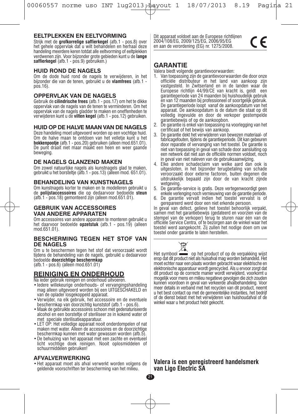 Reiniging en onderhoud, Garantie | VALERA MANISWISS CORDLESS User Manual | Page 20 / 66