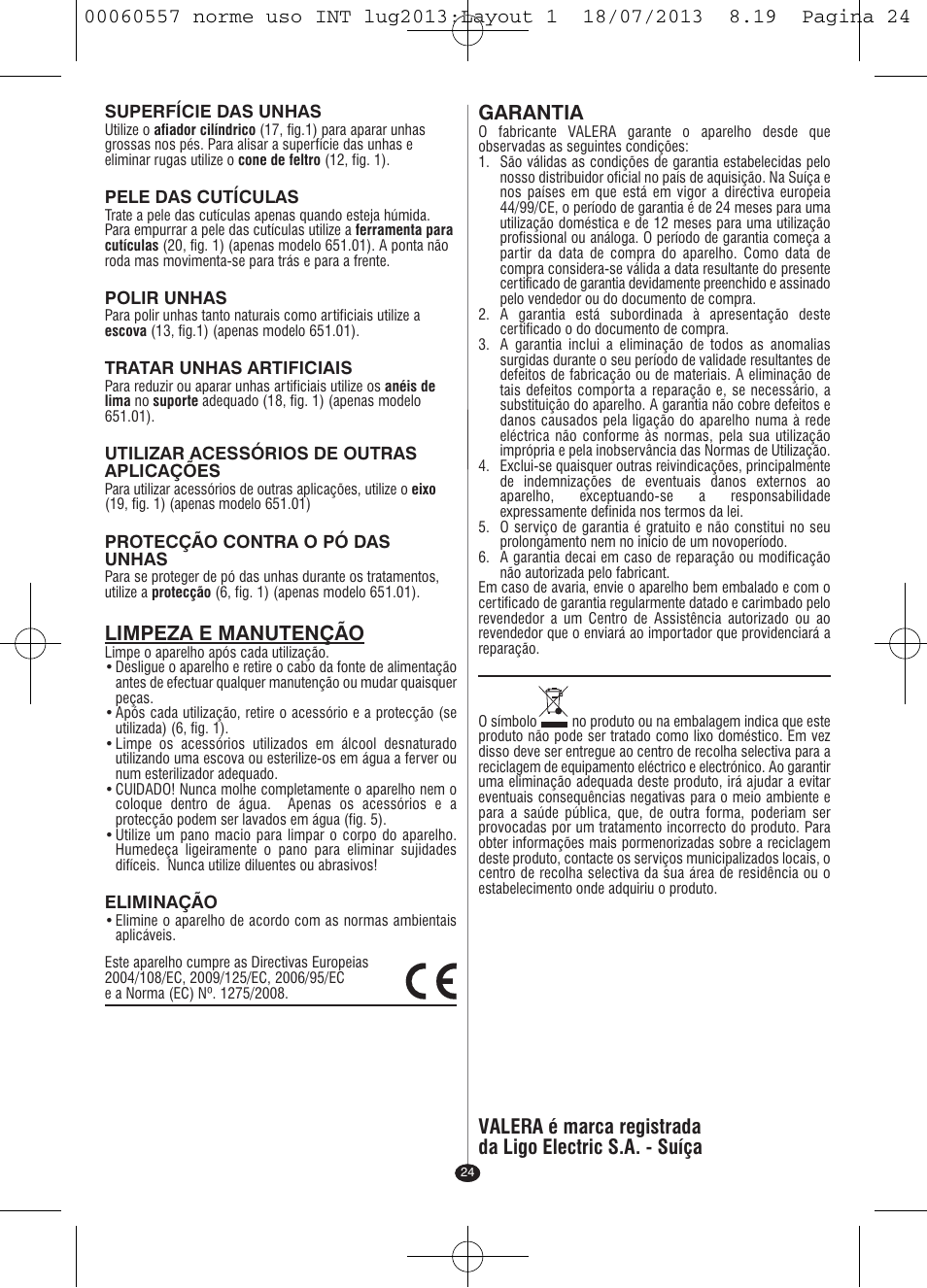 Limpeza e manutenção, Garantia | VALERA MANISWISS CORDLESS User Manual | Page 23 / 66