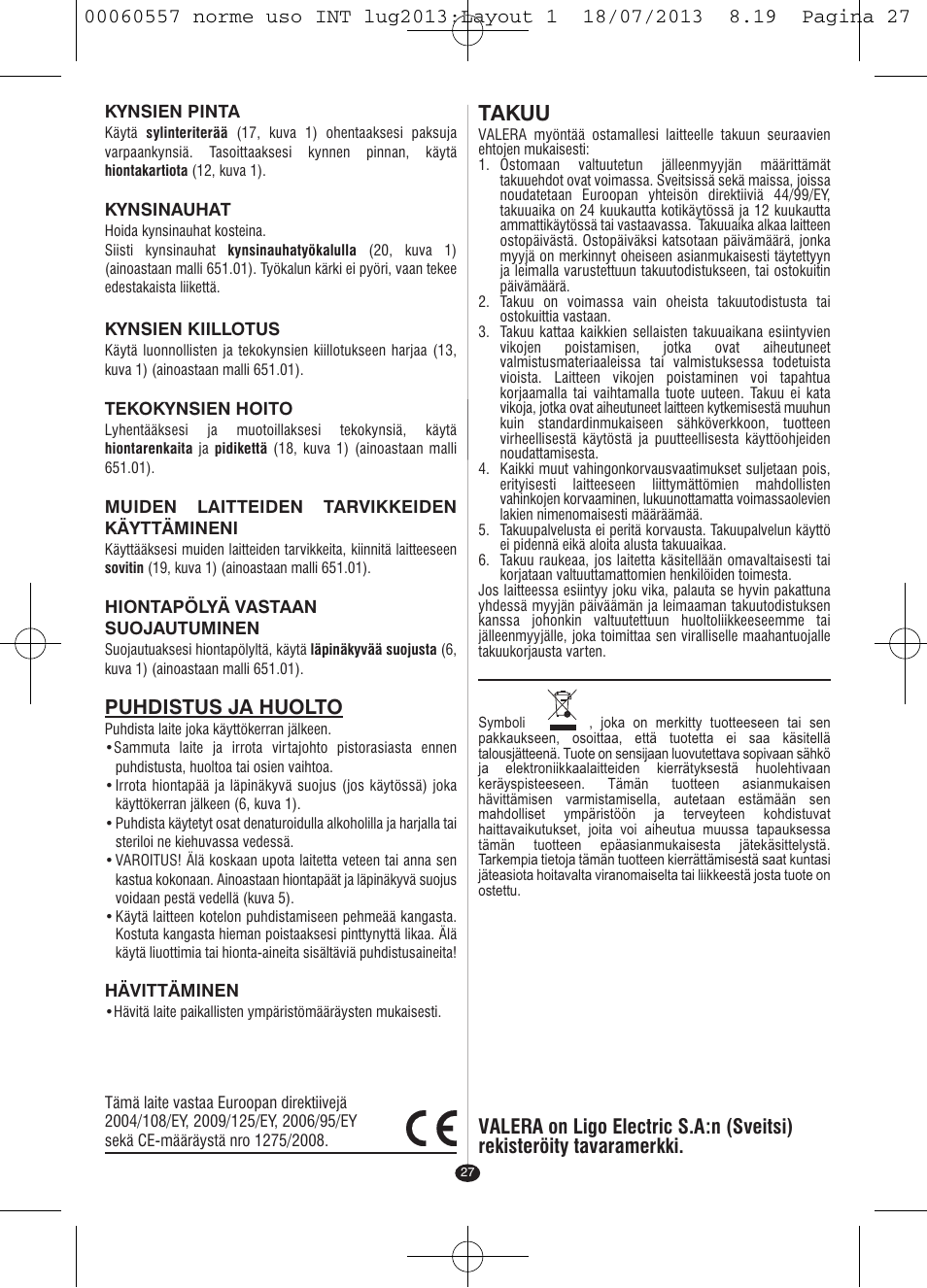Takuu, Puhdistus ja huolto | VALERA MANISWISS CORDLESS User Manual | Page 26 / 66