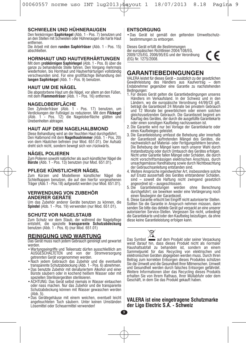 Garantiebedingungen, Reinigung und wartung | VALERA MANISWISS CORDLESS User Manual | Page 8 / 66