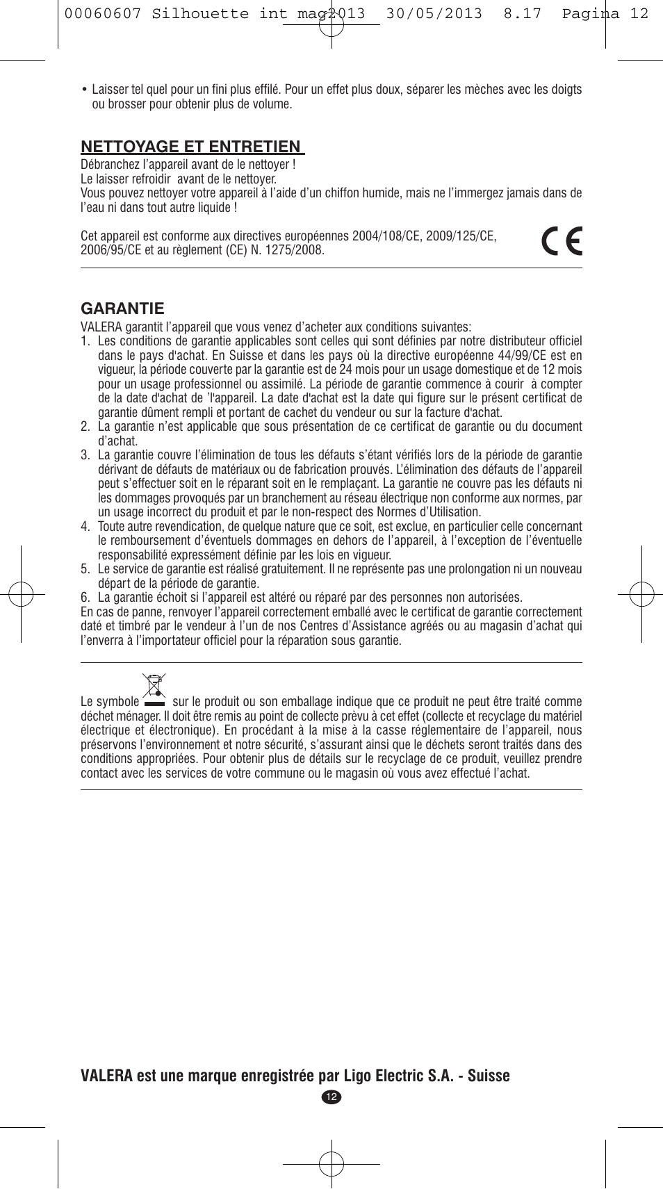 Nettoyage et entretien, Garantie | VALERA SILHOUETTE User Manual | Page 10 / 78