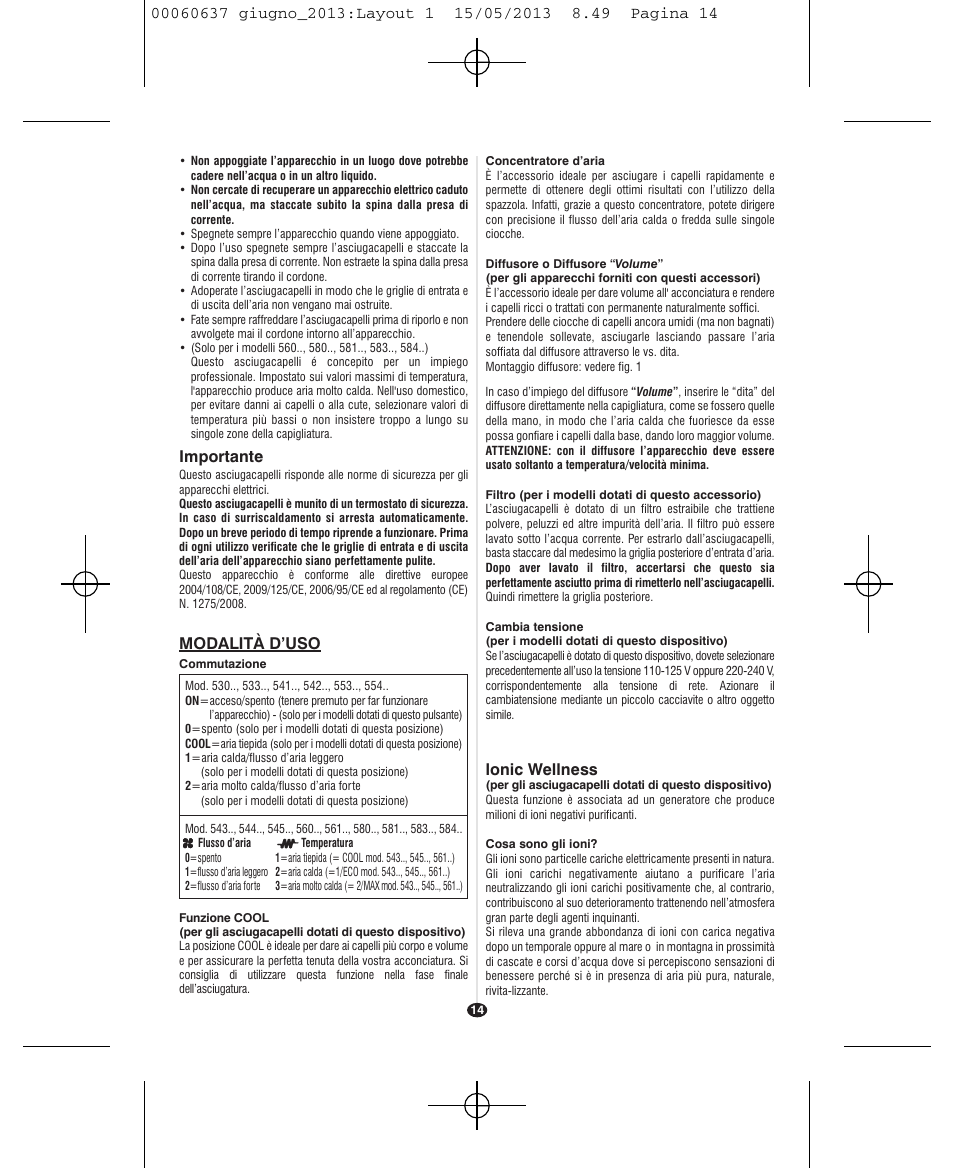 Lonic wellness, Importante, Modalità d’uso | VALERA SWISS LIGHT 5400 FOLD-AWAY IONIC TOURMALINE User Manual | Page 14 / 88