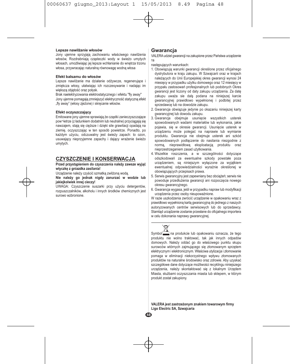 Gwarancja, Czyszczenie i konserwacja | VALERA SWISS LIGHT 5400 FOLD-AWAY IONIC TOURMALINE User Manual | Page 48 / 88
