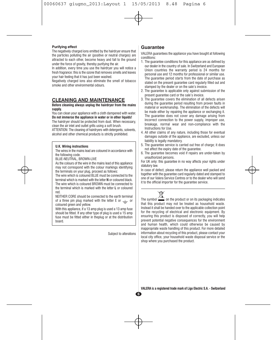 Cleaning and maintenance, Guarantee | VALERA SWISS LIGHT 5400 FOLD-AWAY IONIC TOURMALINE User Manual | Page 6 / 88