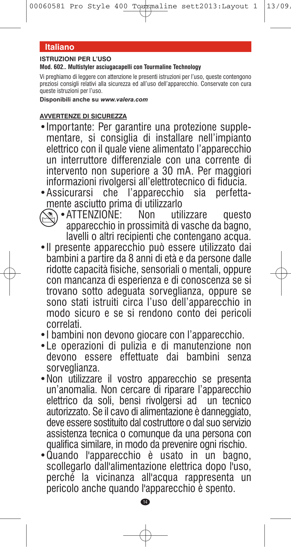 VALERA PRO STYLE 400 TOURMALINE User Manual | Page 14 / 88