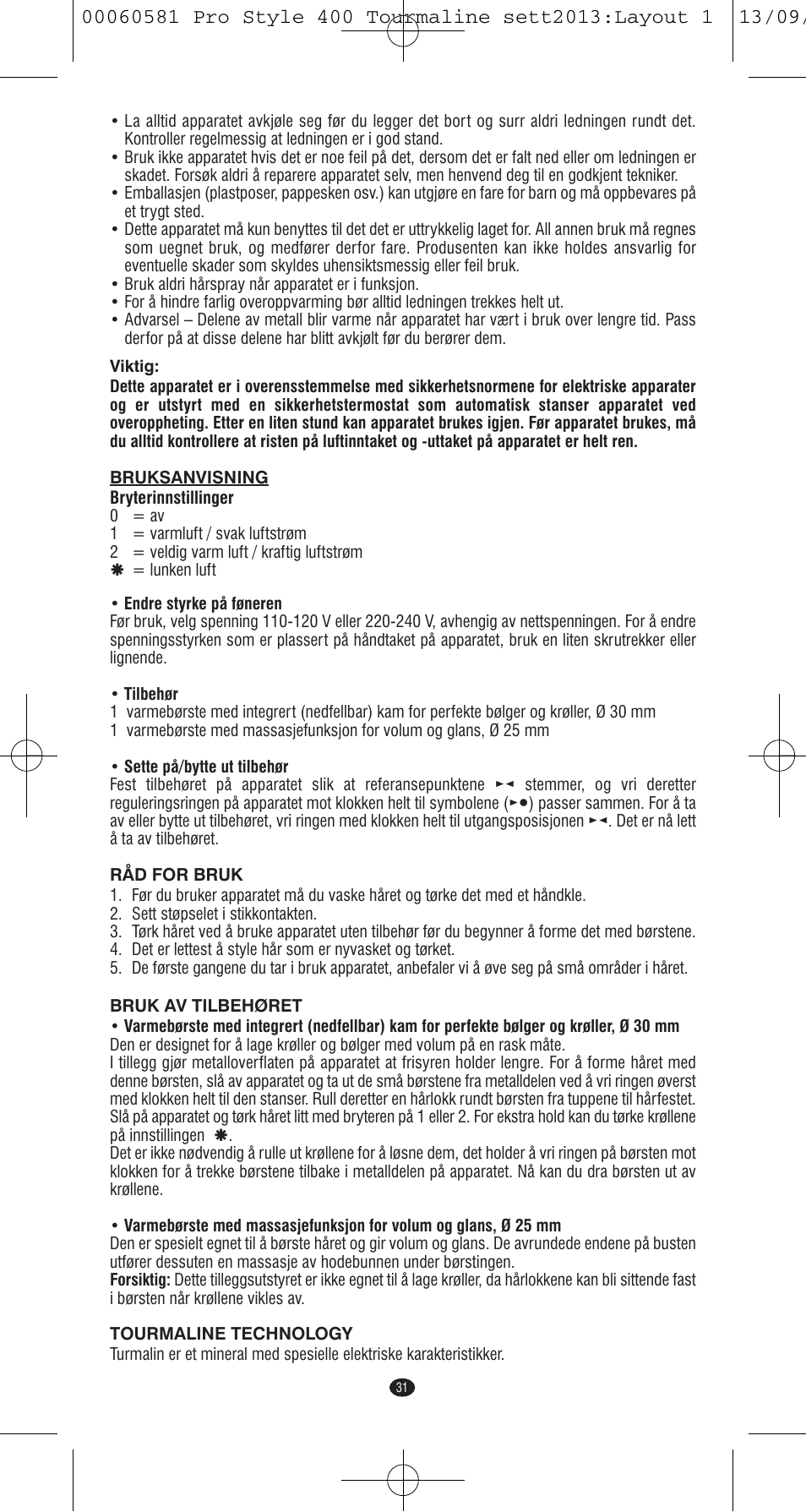 VALERA PRO STYLE 400 TOURMALINE User Manual | Page 31 / 88