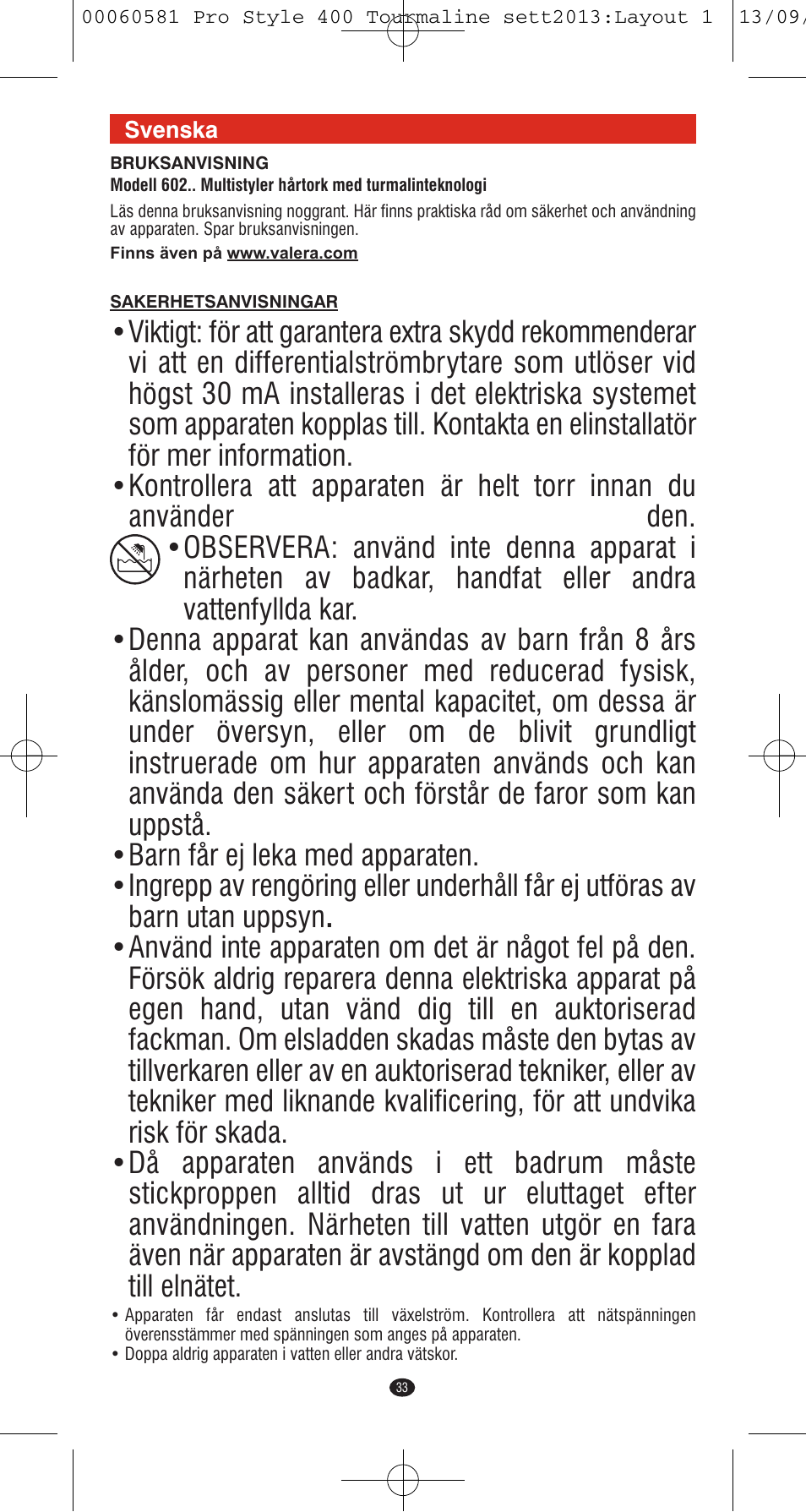 VALERA PRO STYLE 400 TOURMALINE User Manual | Page 33 / 88