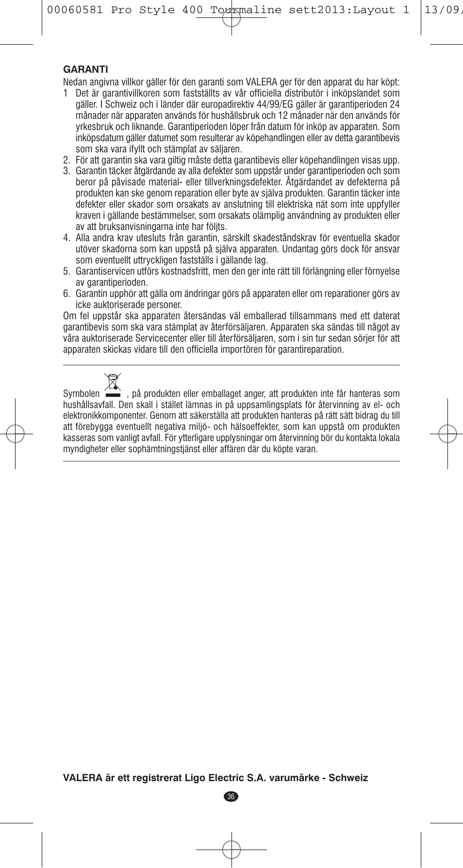 VALERA PRO STYLE 400 TOURMALINE User Manual | Page 36 / 88