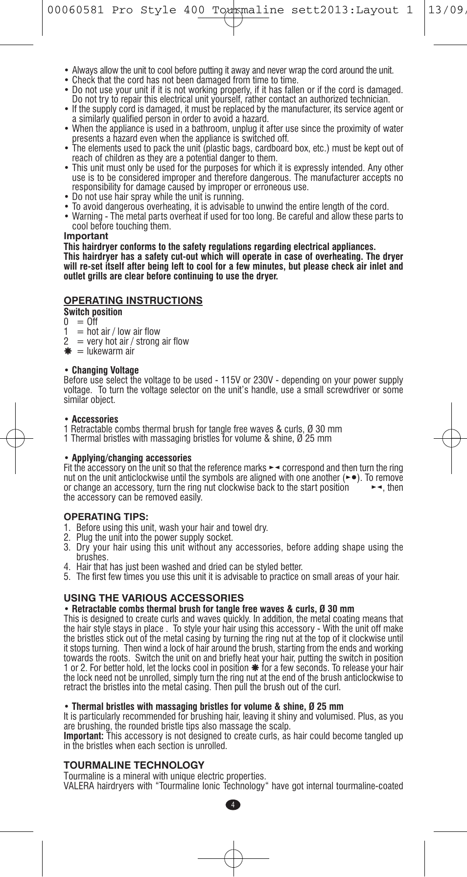 VALERA PRO STYLE 400 TOURMALINE User Manual | Page 4 / 88