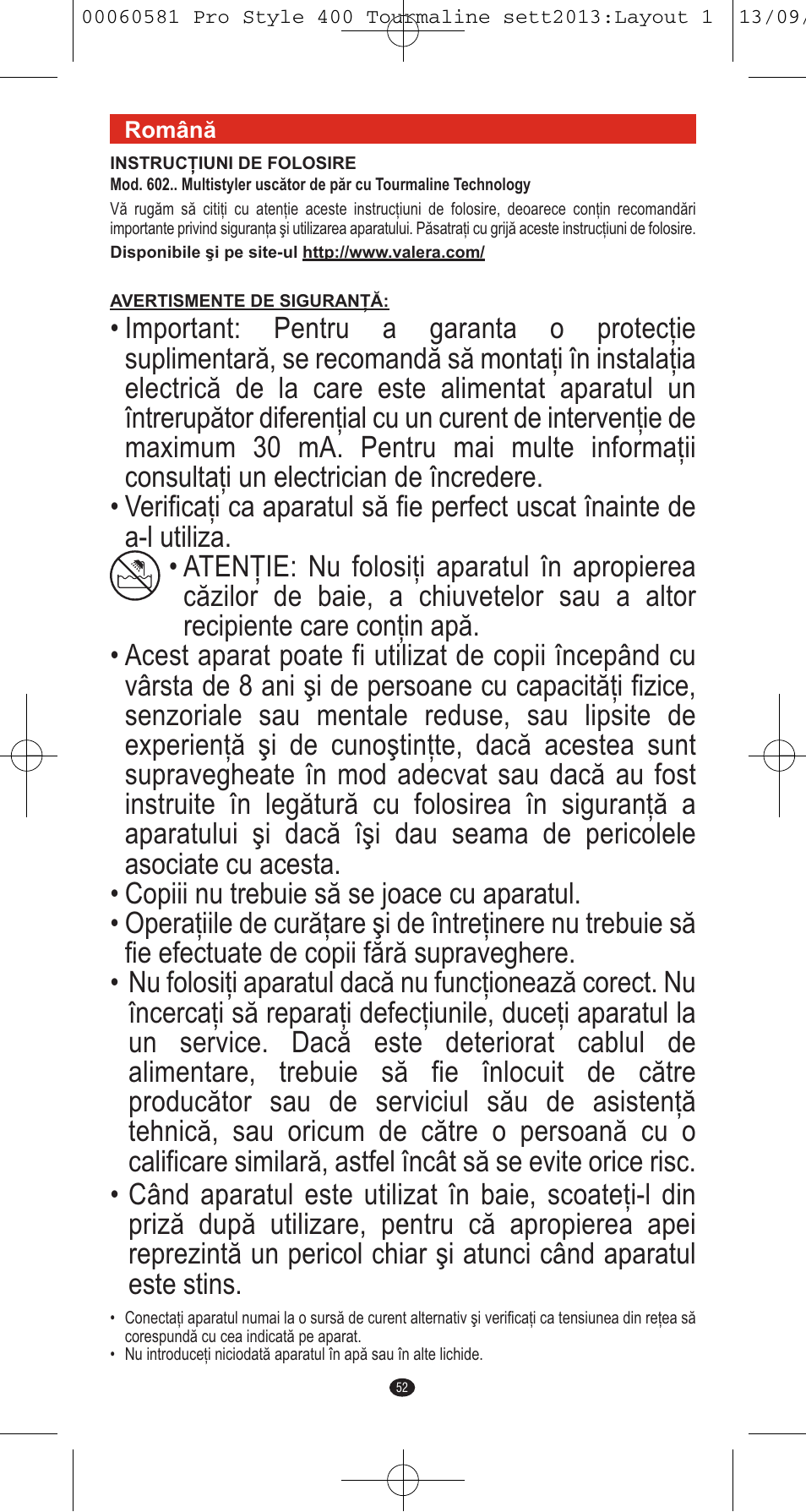 VALERA PRO STYLE 400 TOURMALINE User Manual | Page 52 / 88