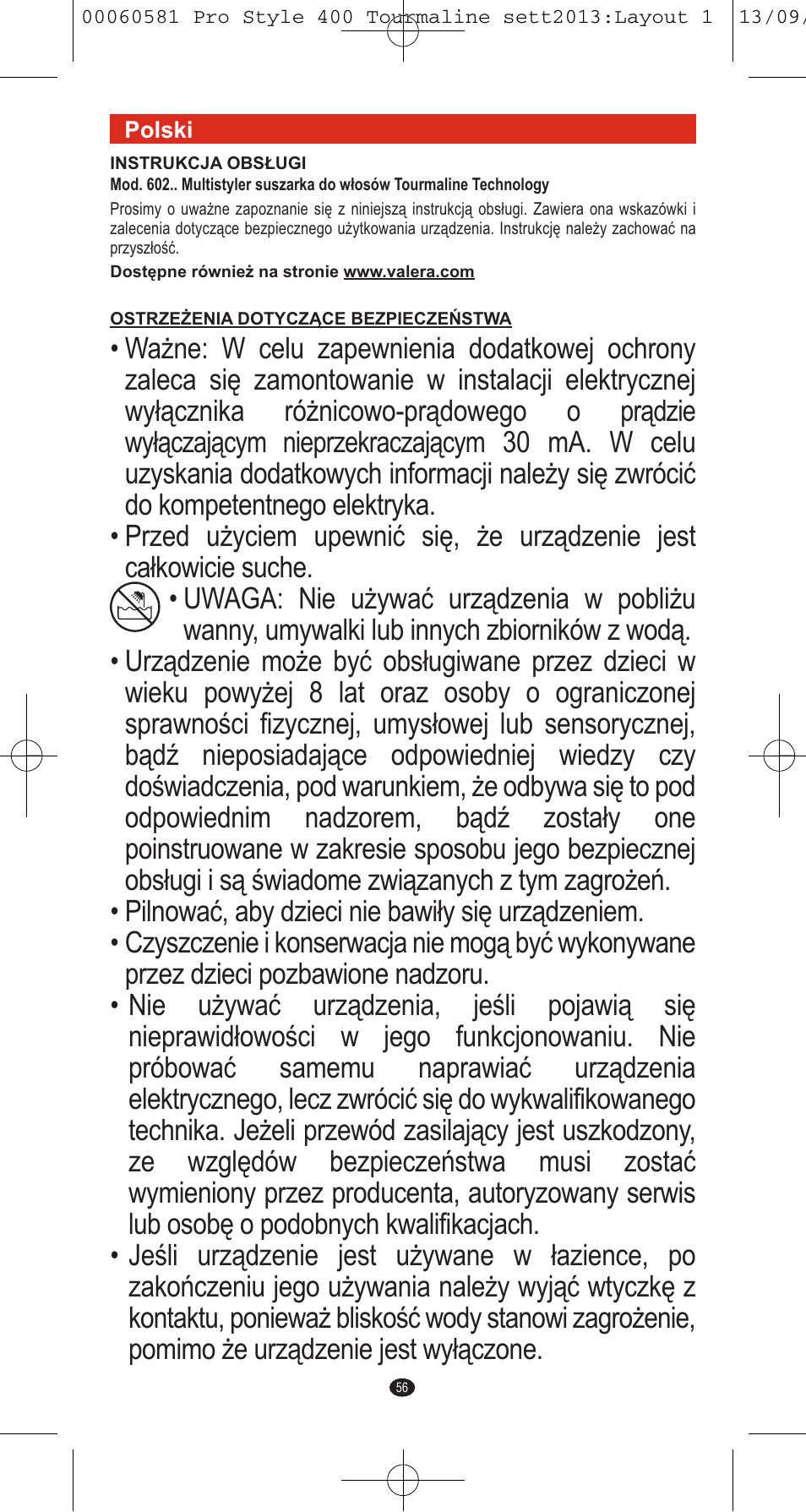 VALERA PRO STYLE 400 TOURMALINE User Manual | Page 56 / 88