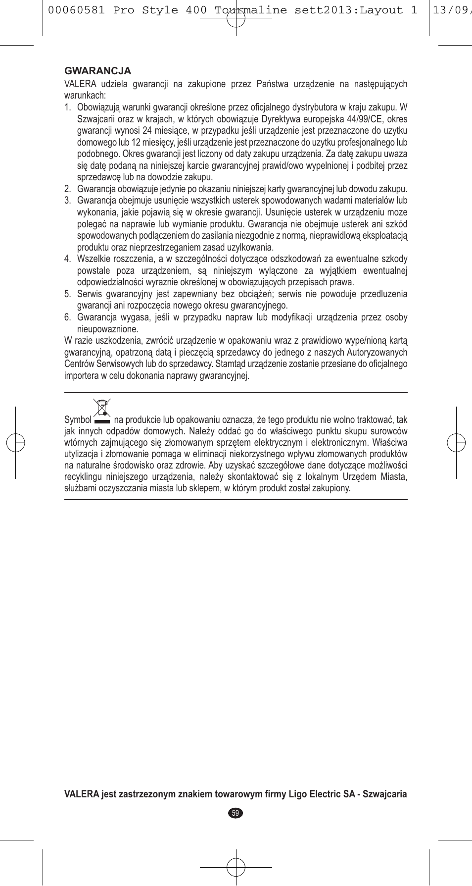 VALERA PRO STYLE 400 TOURMALINE User Manual | Page 59 / 88