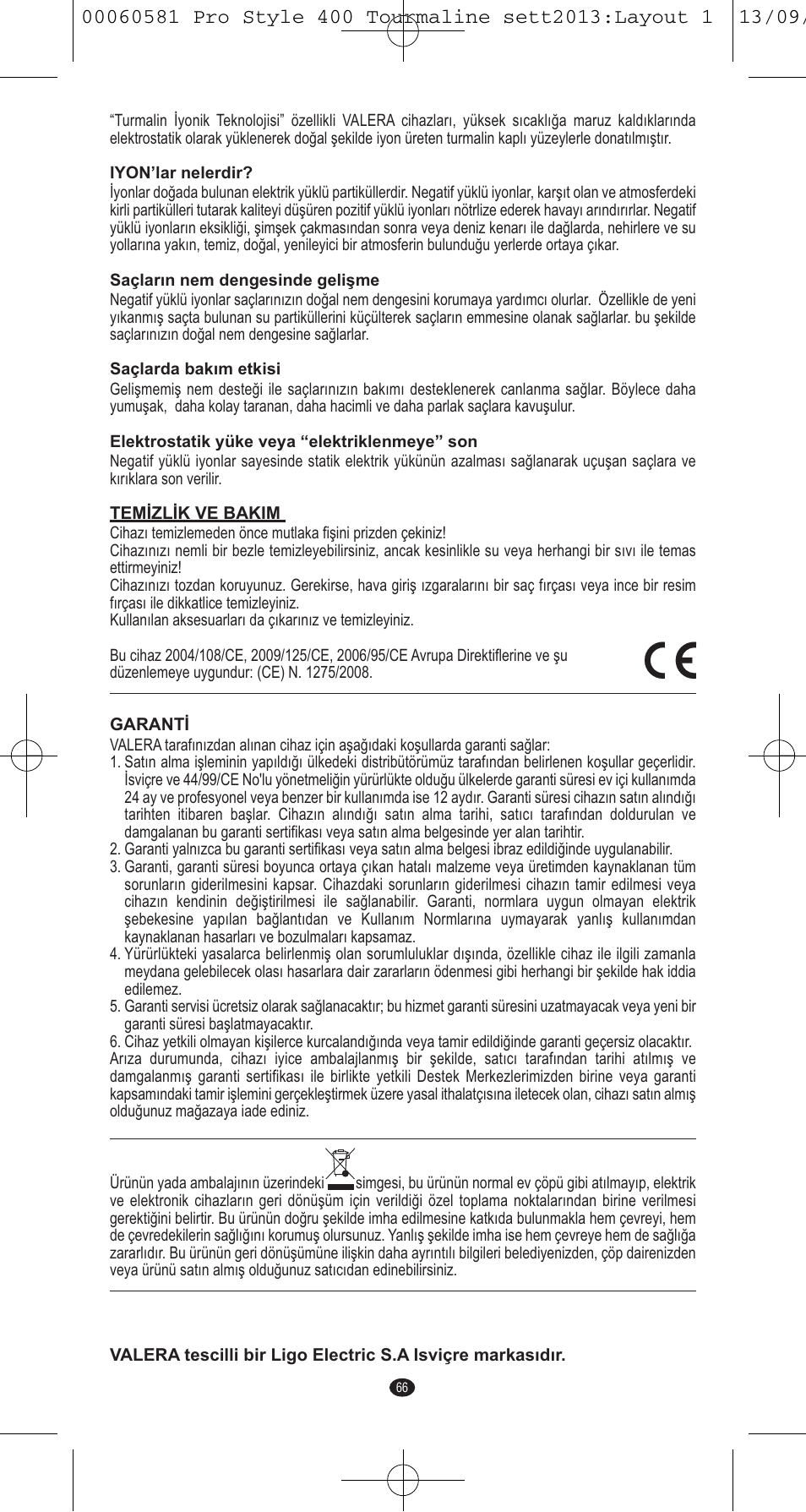 VALERA PRO STYLE 400 TOURMALINE User Manual | Page 66 / 88