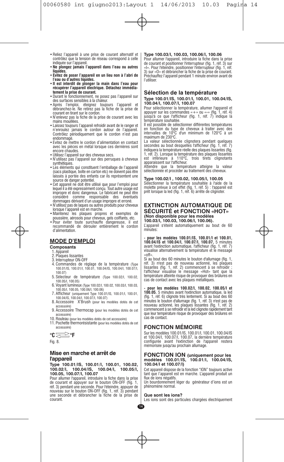 Mode d’emploi, Mise en marche et arrêt de l'appareil, C °f | Sélection de la température, Fonction mémoire, Fonction ion | VALERA SWISS'X IDEAL User Manual | Page 10 / 78