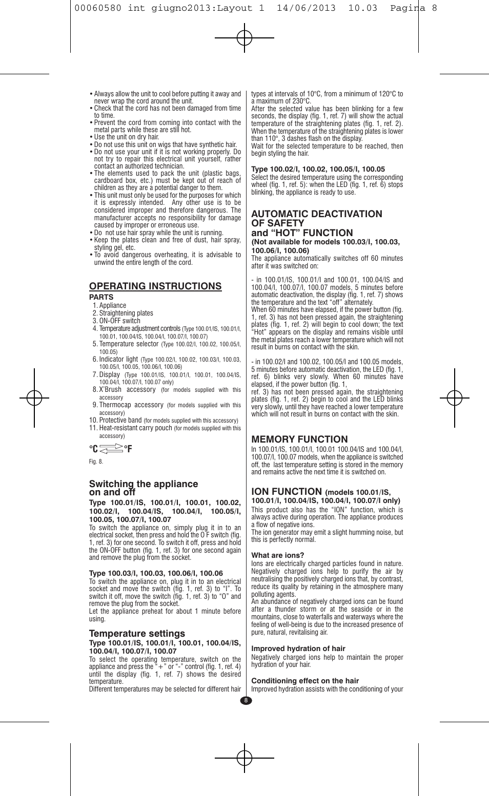 Operating instructions, Switching the appliance on and off, Temperature settings | C °f, Ion function | VALERA SWISS'X IDEAL User Manual | Page 4 / 78
