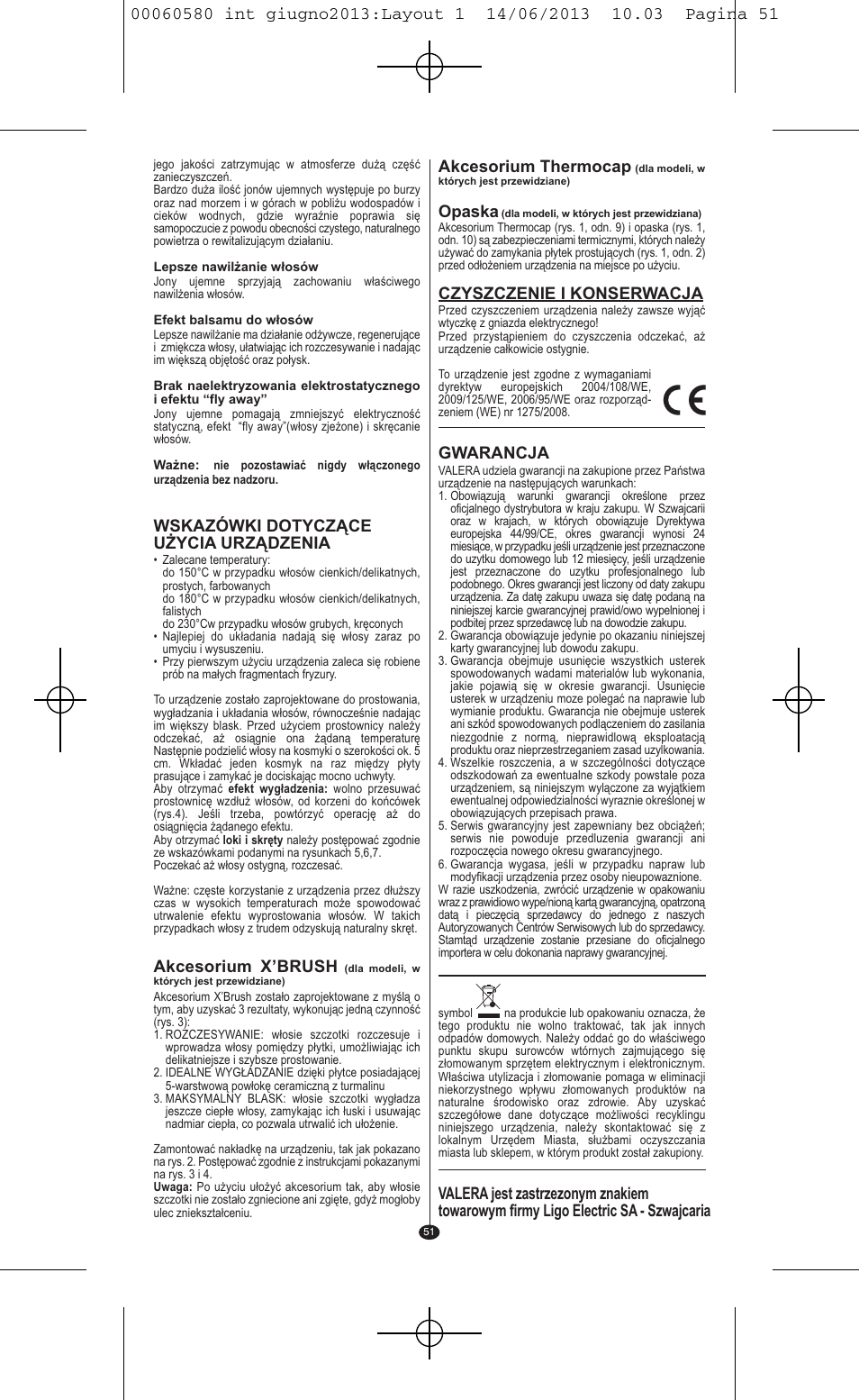 Wskazówki dotyczące użycia urządzenia, Akcesorium x’brush, Opaska | Czyszczenie i konserwacja, Gwarancja | VALERA SWISS'X IDEAL User Manual | Page 47 / 78