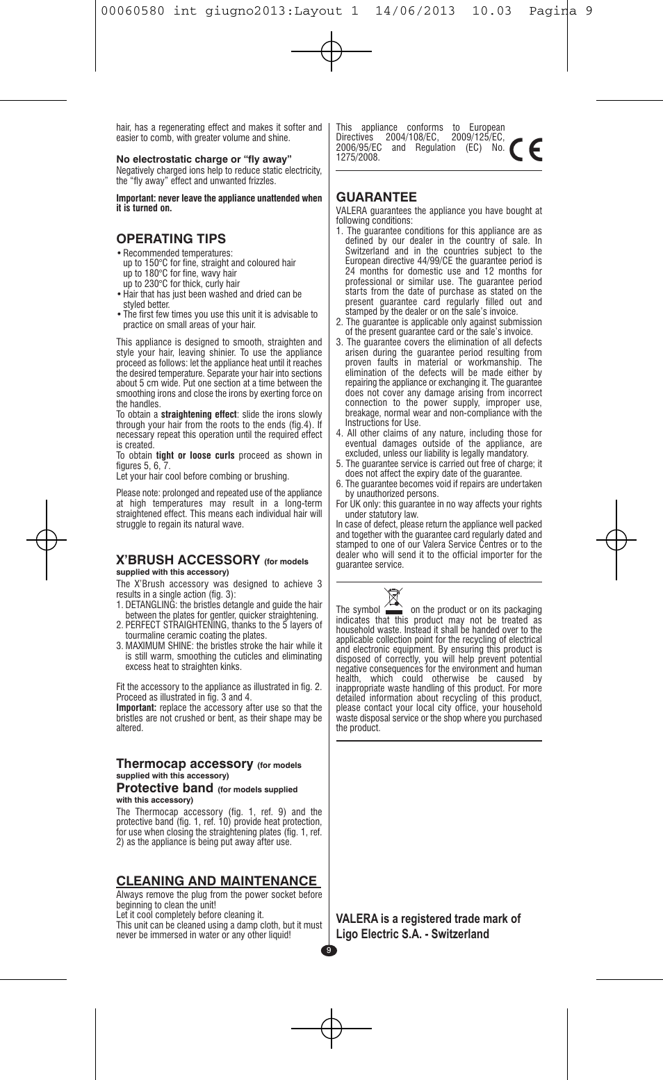 Operating tips, X’brush accessory, Thermocap accessory | Protective band, Cleaning and maintenance, Guarantee | VALERA SWISS'X IDEAL User Manual | Page 5 / 78