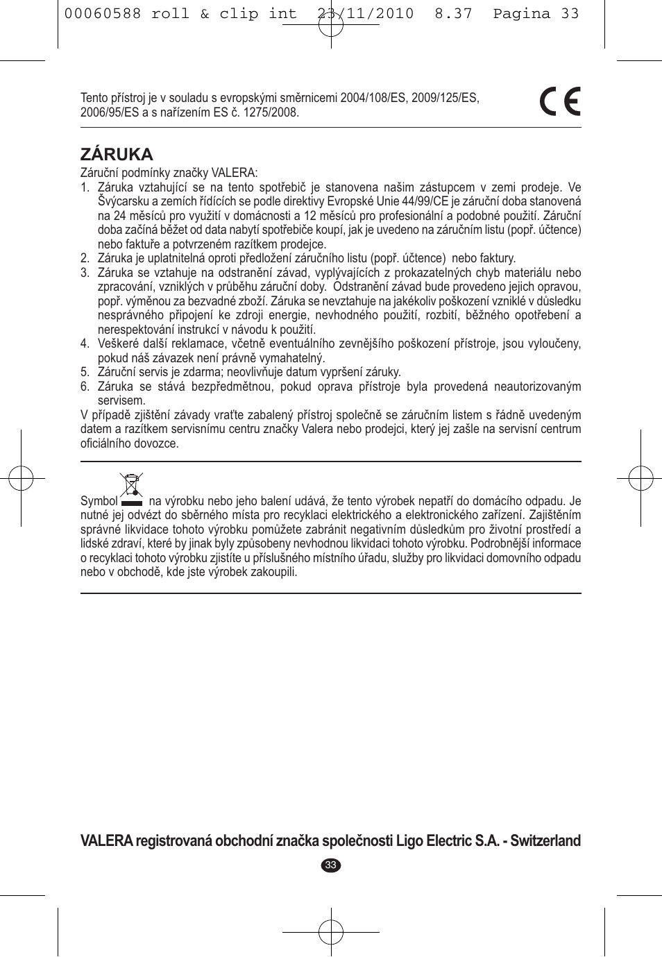 Záruka | VALERA ROLL & CLIP User Manual | Page 31 / 53