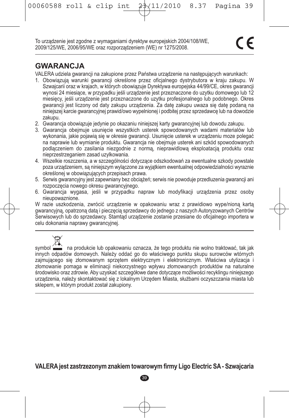 Gwarancja | VALERA ROLL & CLIP User Manual | Page 37 / 53