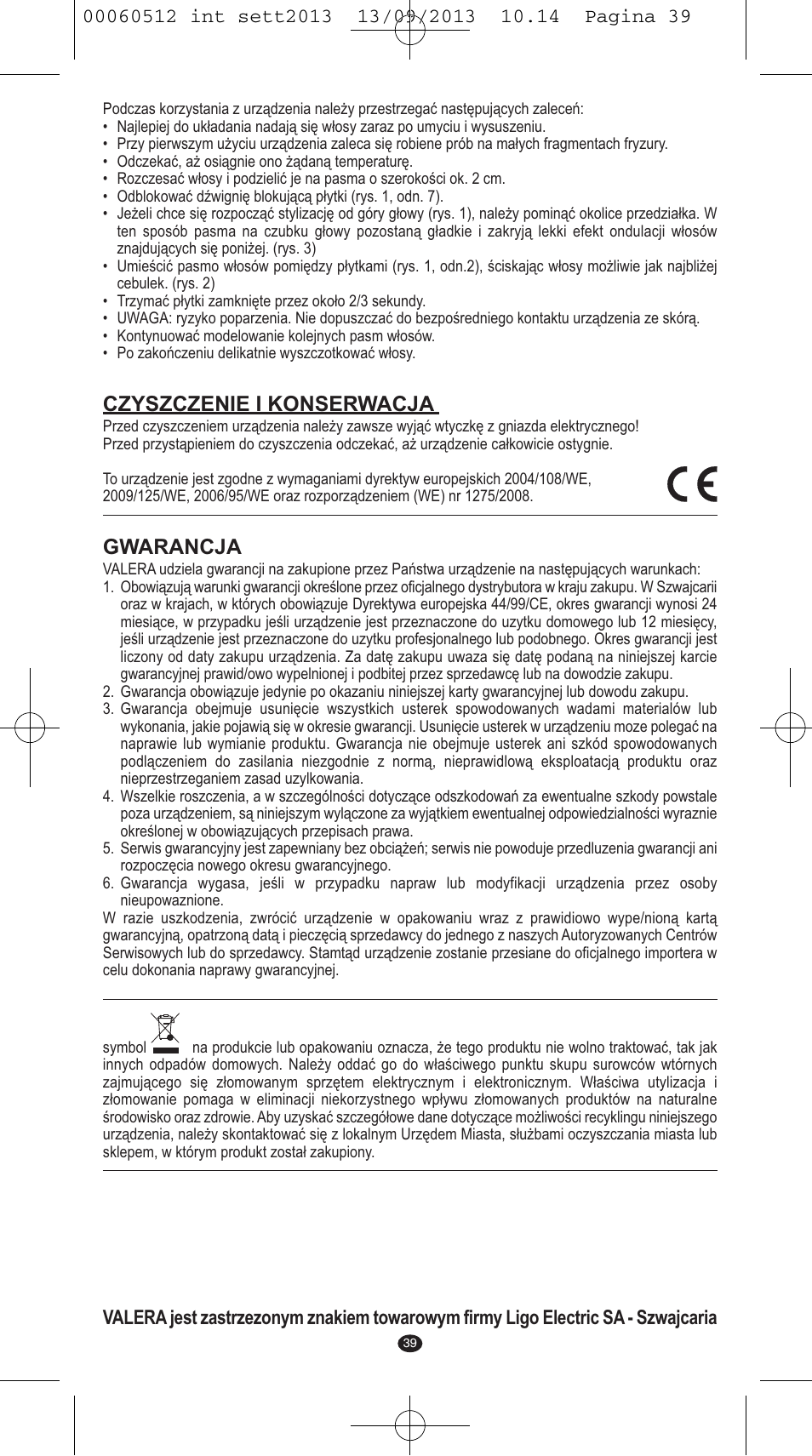 Czyszczenie i konserwacja, Gwarancja | VALERA VOLUMISSIMA User Manual | Page 37 / 62