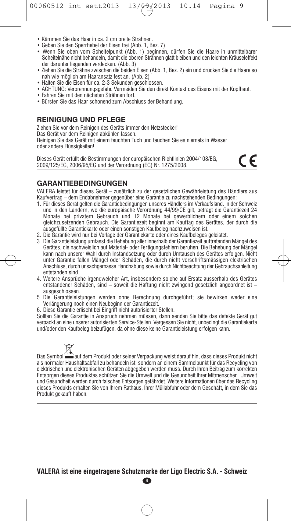 Reinigung und pflege, Garantiebedingungen | VALERA VOLUMISSIMA User Manual | Page 7 / 62