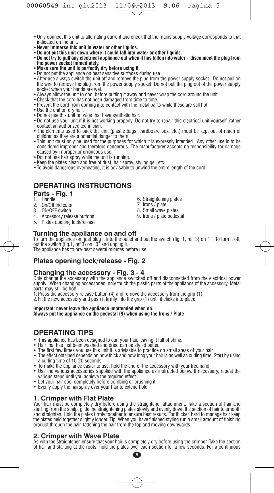 Operating instructions, Operating tips, Parts - fig. 1 | Turning the appliance on and off, Crimper with fiat plate, Crimper with wave plate | VALERA X-STYLE User Manual | Page 3 / 66
