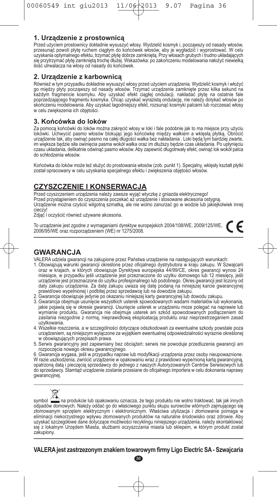Czyszczenie i konserwacja, Gwarancja, Urządzenie z prostownicą | Urządzenie z karbownicą, Końcówka do loków | VALERA X-STYLE User Manual | Page 34 / 66