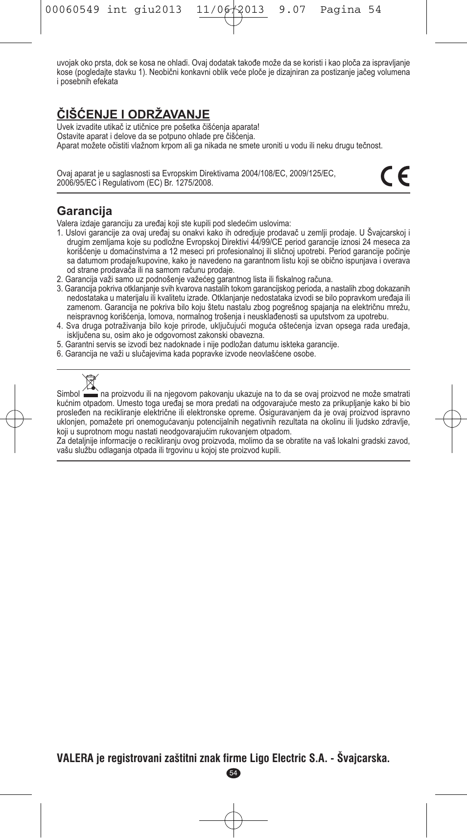 Čišćenje i održavanje, Garancija | VALERA X-STYLE User Manual | Page 52 / 66