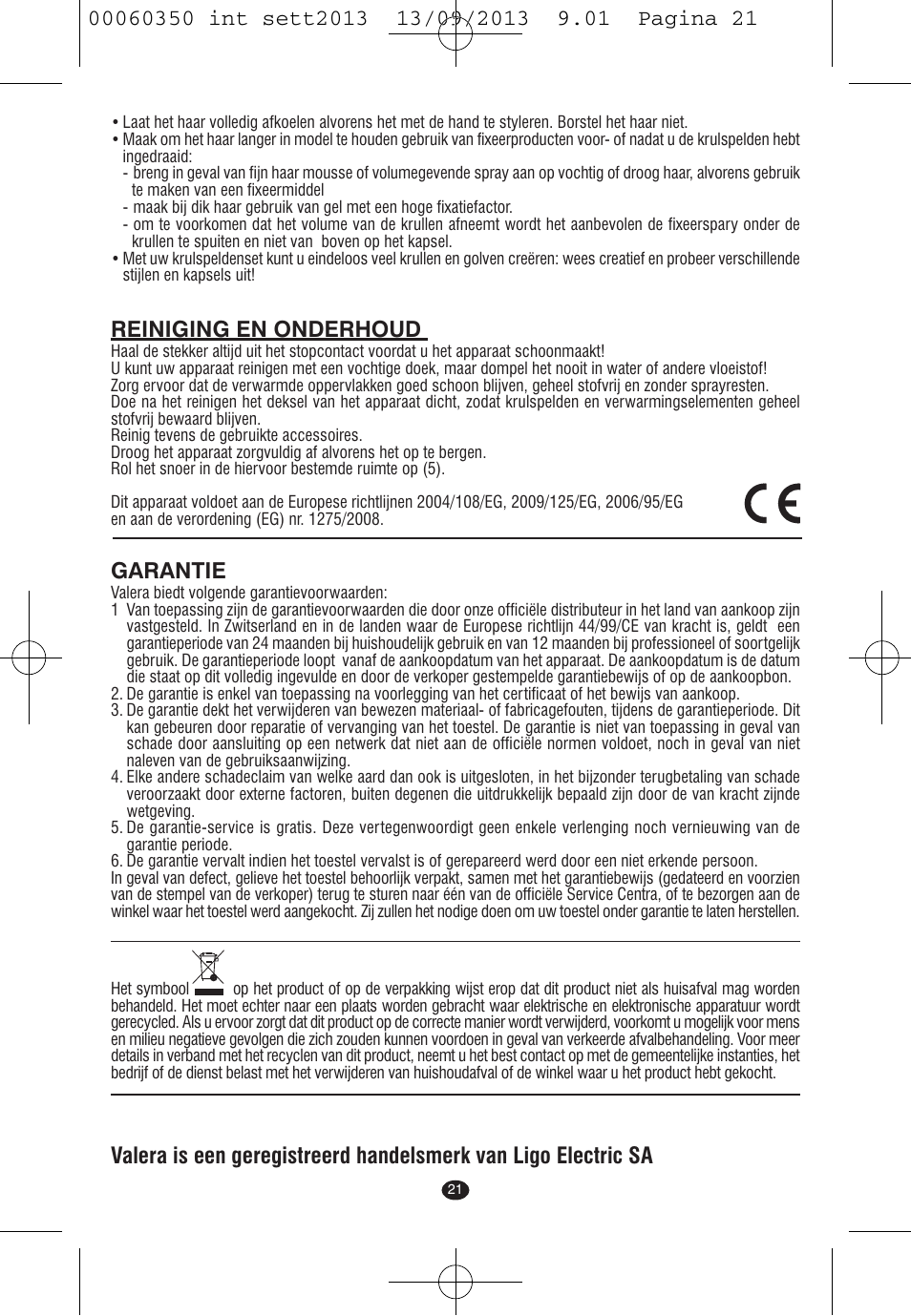 Reiniging en onderhoud, Garantie | VALERA QUICK 24 User Manual | Page 19 / 62
