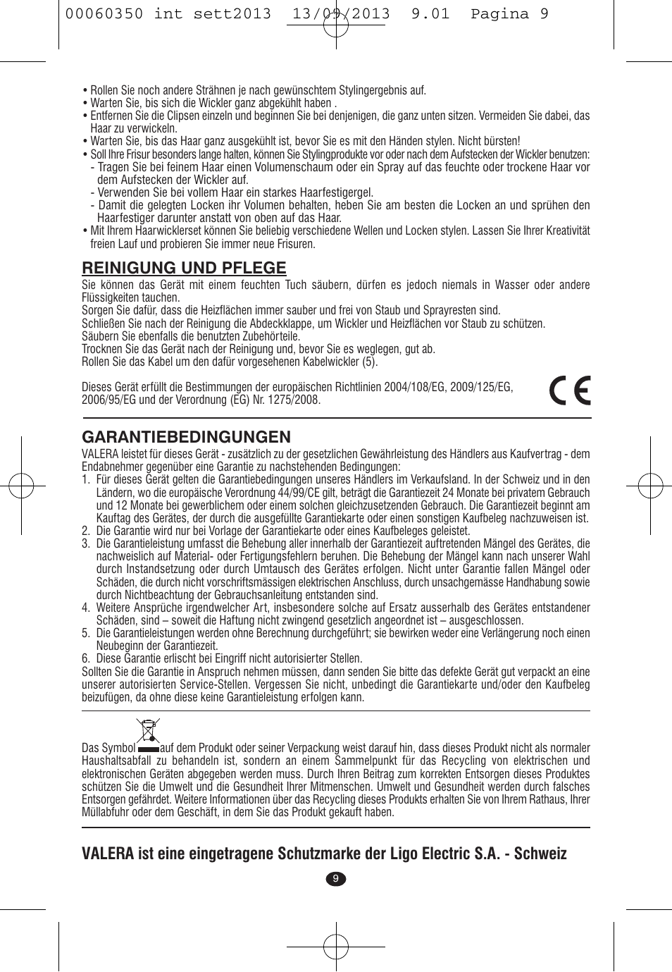 Reinigung und pflege, Garantiebedingungen | VALERA QUICK 24 User Manual | Page 7 / 62