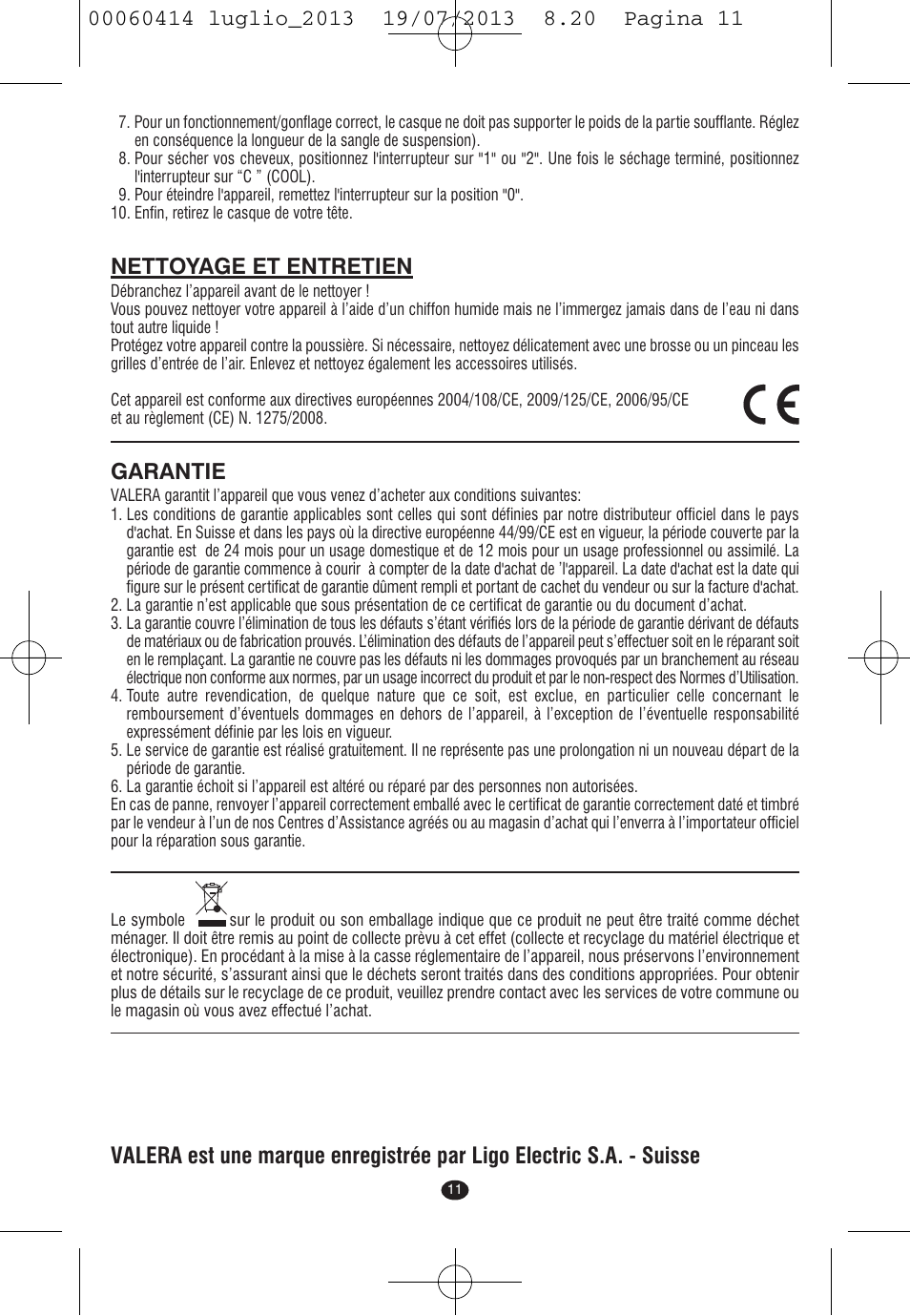 Nettoyage et entretien, Garantie | VALERA IONIC COMFORT User Manual | Page 11 / 60