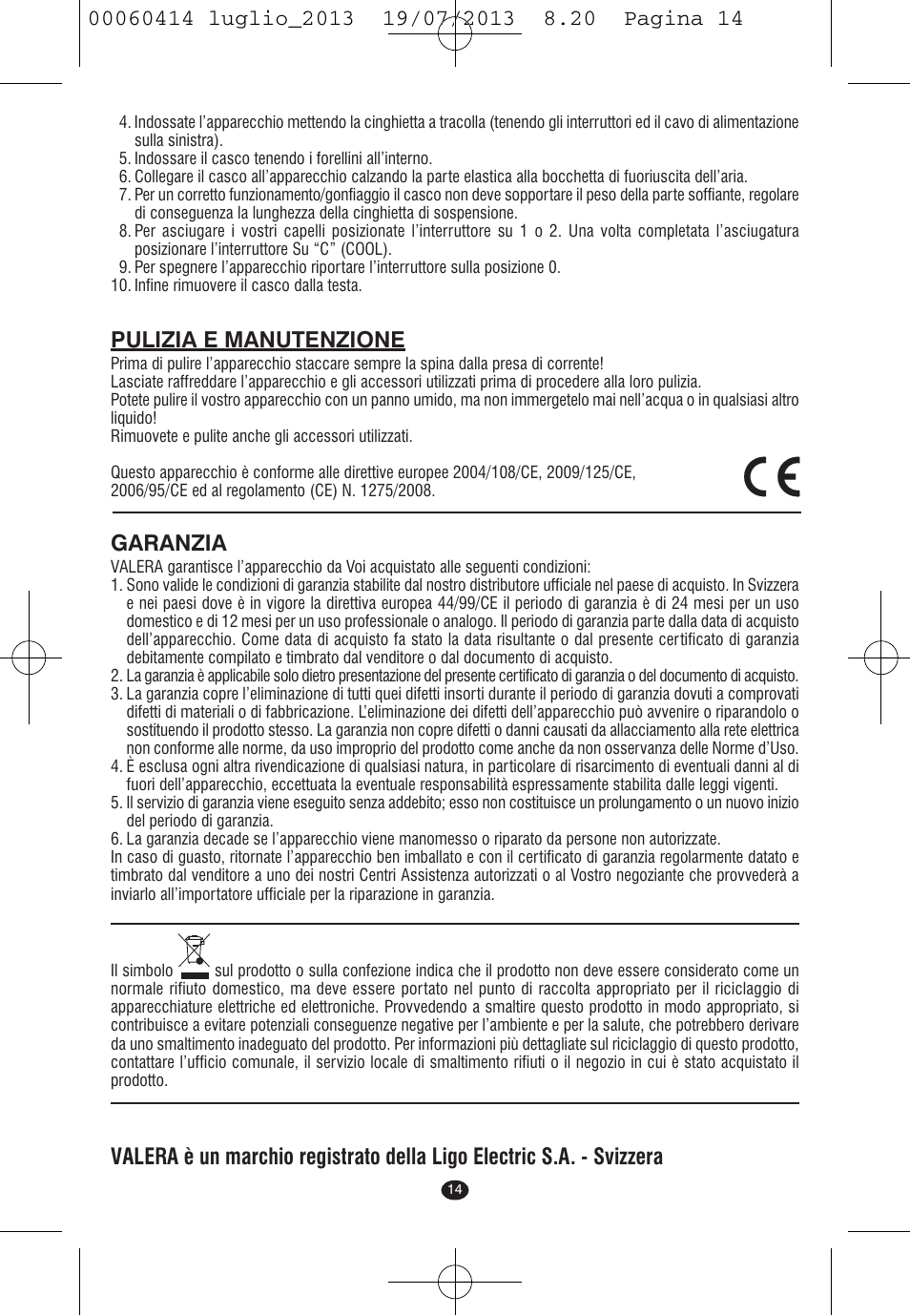 Pulizia e manutenzione, Garanzia | VALERA IONIC COMFORT User Manual | Page 14 / 60