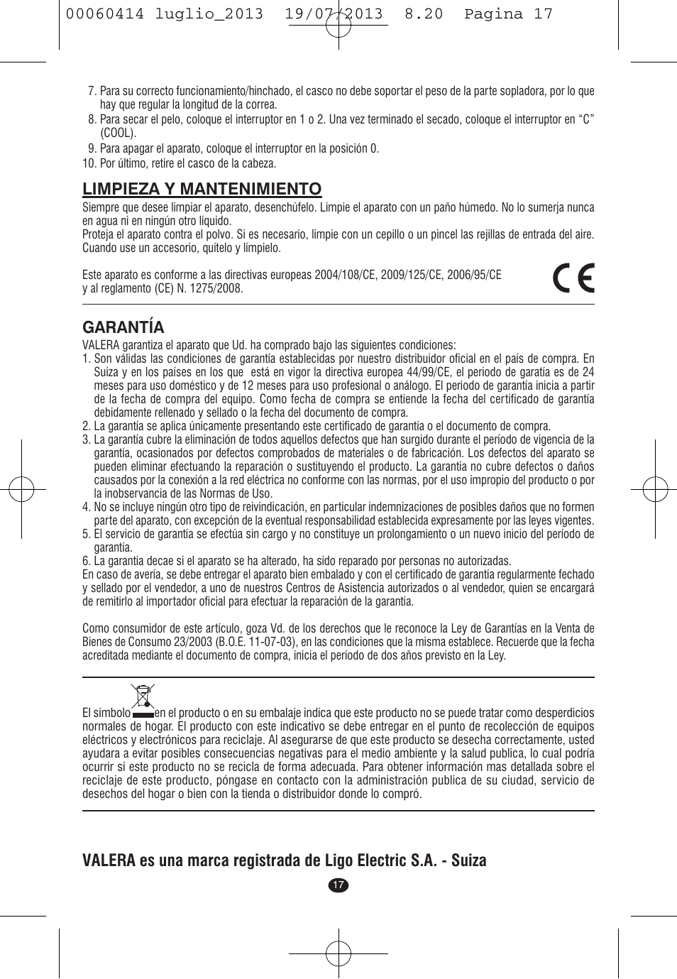 Limpieza y mantenimiento, Garantía | VALERA IONIC COMFORT User Manual | Page 17 / 60