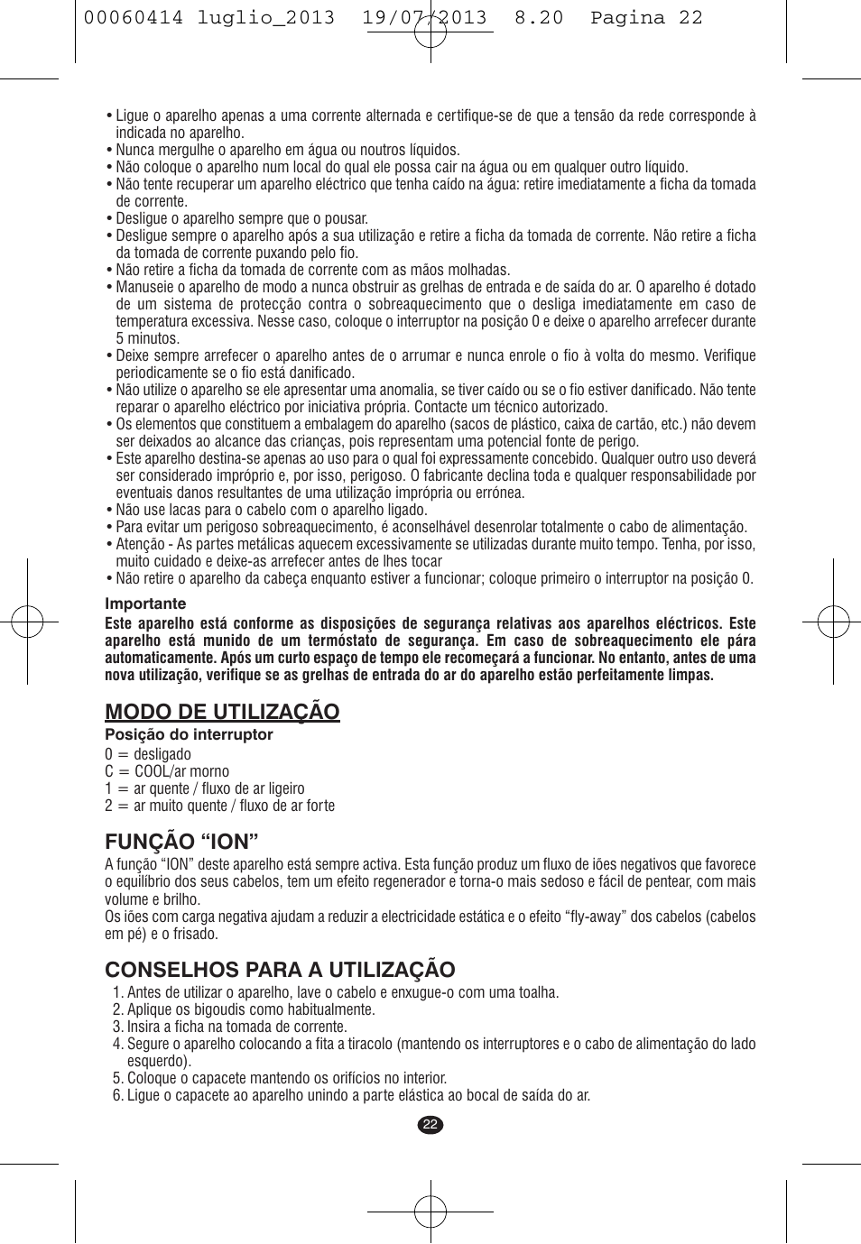 Modo de utilização, Função “ion, Conselhos para a utilização | VALERA IONIC COMFORT User Manual | Page 22 / 60