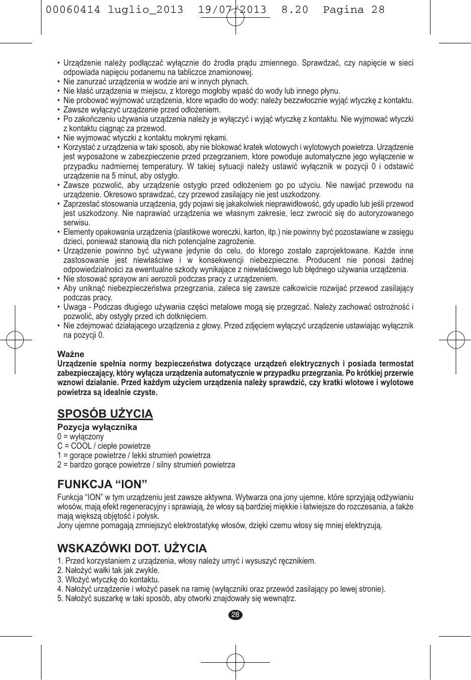 Sposób użycia, Funkcja “ion, Wskazówki dot. użycia | VALERA IONIC COMFORT User Manual | Page 28 / 60